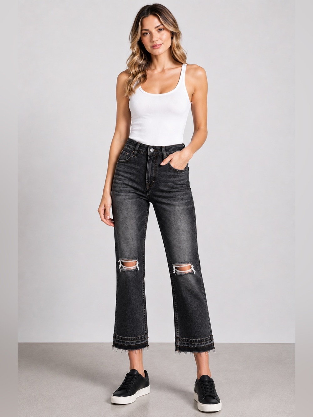 VERVET Jeanne High Rise Slim Straight Jeans 28 Distressed Black Gray Raw Hem New